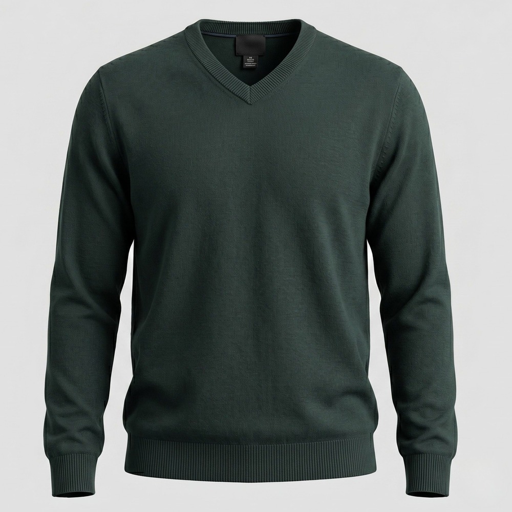 H&M Mens Large Green Cotton V-Neck Pullover Sweater Classic Knit‎ Long Sleeve